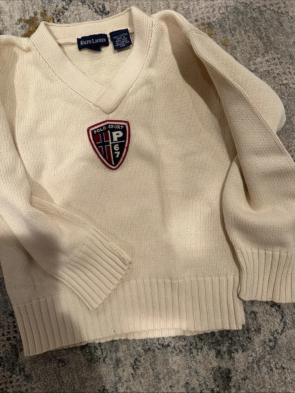 Ralph Lauren Cream V-Neck Polo Sport Crest Sweater :Classic sweater